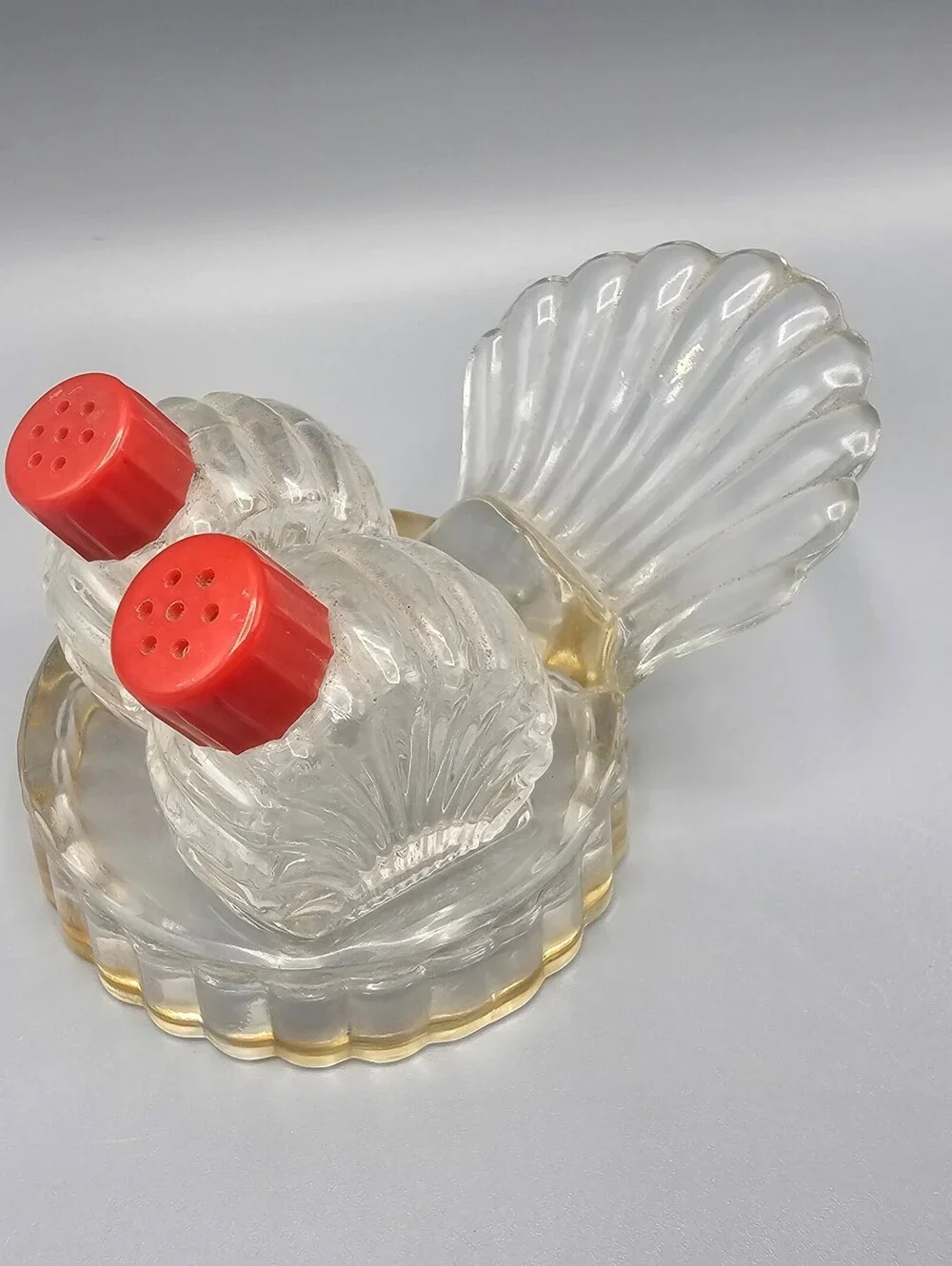 Vintage Glass Shell Shaped Salt and Pepper Shakers with Holder